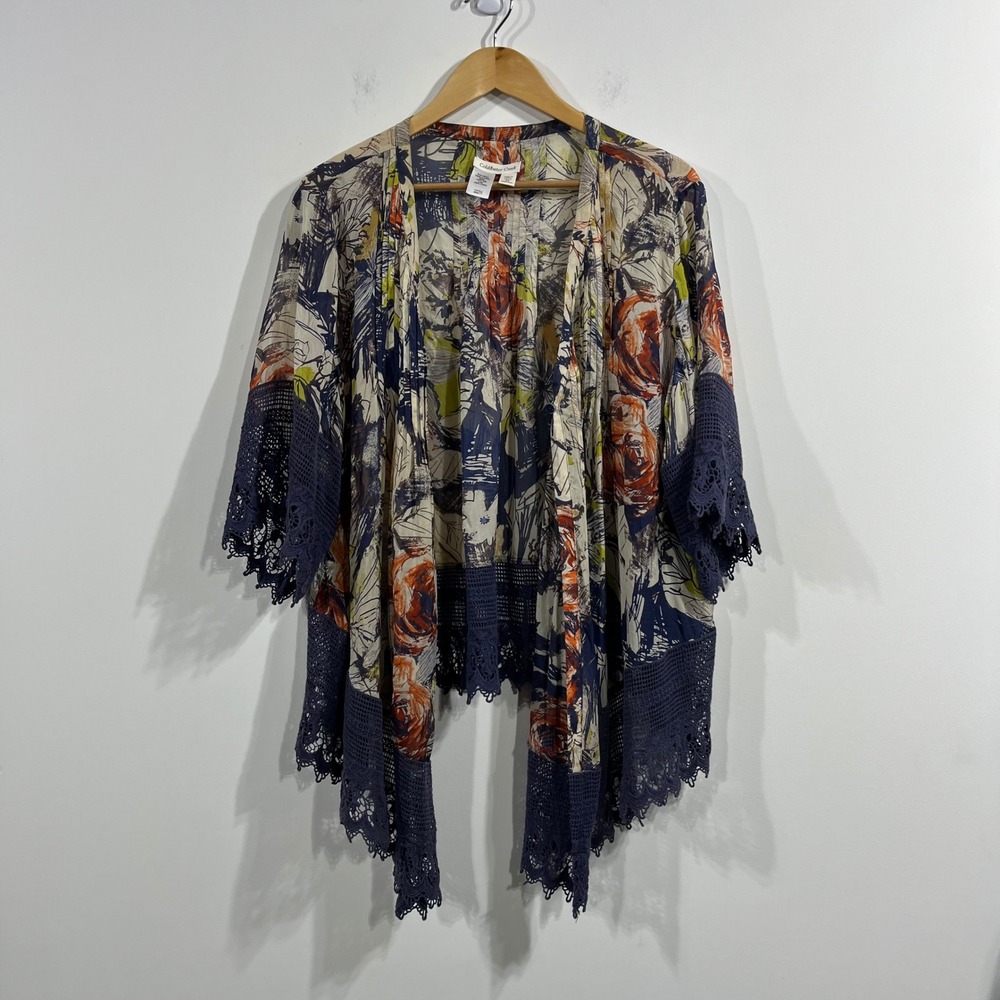 Coldwater Creek 100% Silk Floral Kimono Lace Trim Wrap Womens 2x Artsy Resort